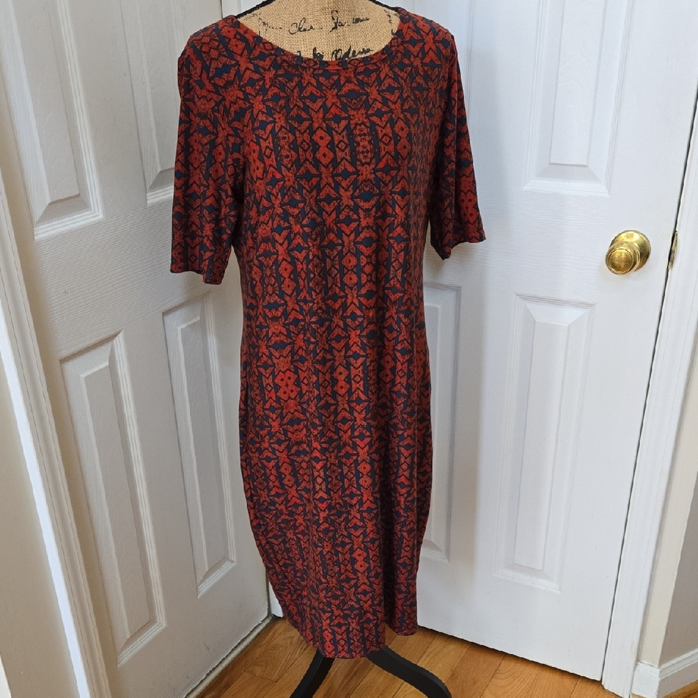 LuLaRoe Red and Blue Geometric Midi Dress